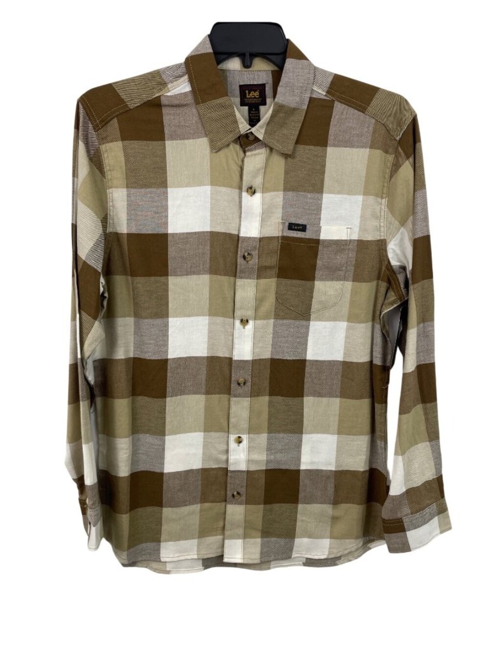 Lee Mens Large Plaid Button-Up Shirt Beige & Brown Long Sleeve Cotton Casual